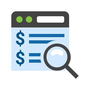 A blue browser display with a magnifying glass over top of dollar signs.